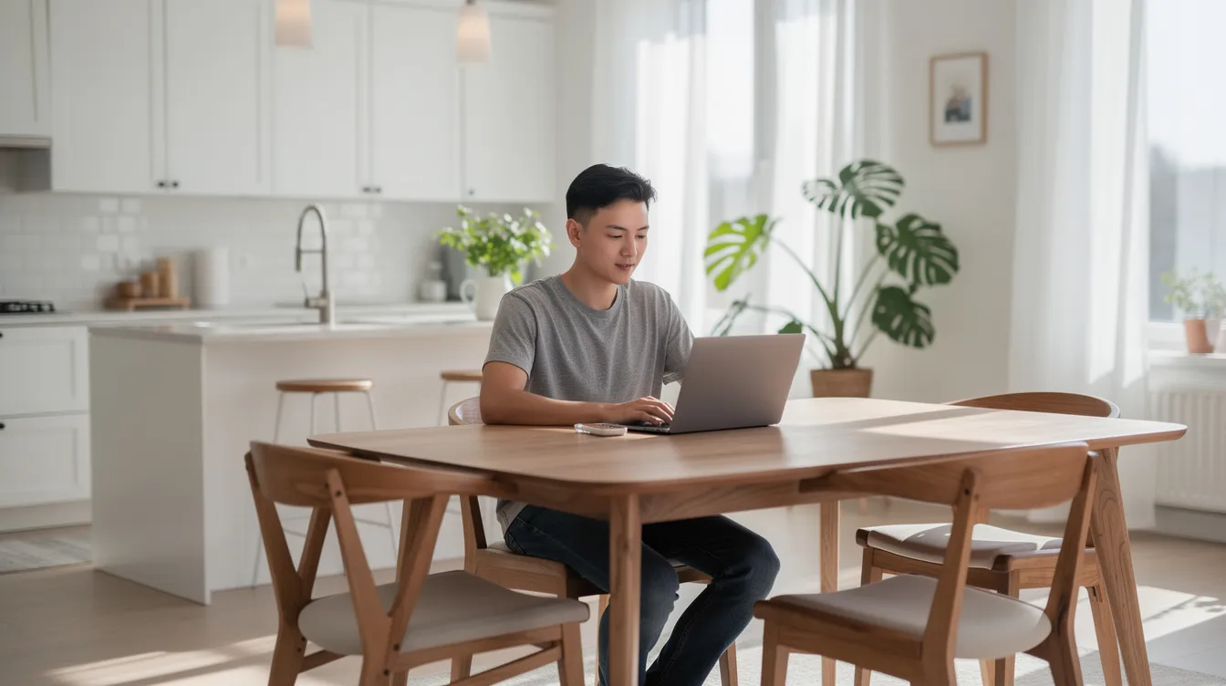 A person is sitting at a kitchen table, focused on their laptop, surrounded by a bright and clean home environment. This image reflects the quality and professionalism of Kendall Cleaning Service, showcasing a tidy space that emphasizes the benefits of reliable house cleaning services.