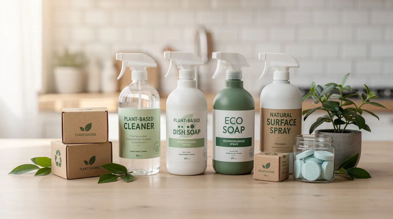 The image features a collection of eco-friendly, plant-based cleaning products neatly arranged on a wooden counter, showcasing a clean and organized space ideal for house cleaning. This reflects the professional quality and reliable service offered by Kendall Cleaning Service LLC, emphasizing a commitment to environmentally conscious cleaning solutions.