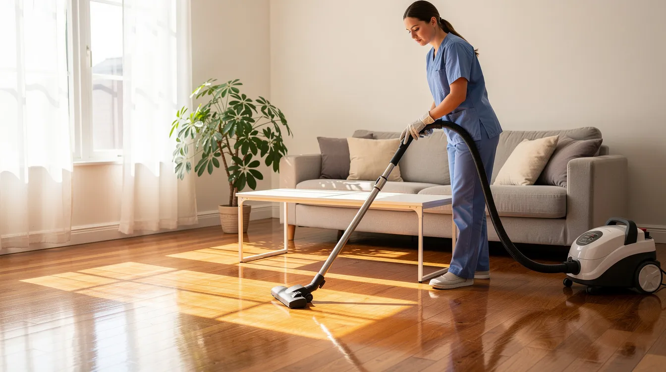 A professional cleaner is vacuuming a bright, sunlit living room with hardwood floors, showcasing the quality of house cleaning services provided by Kendall Cleaning Service LLC. The clean space reflects attention to detail and a commitment to customer satisfaction.
