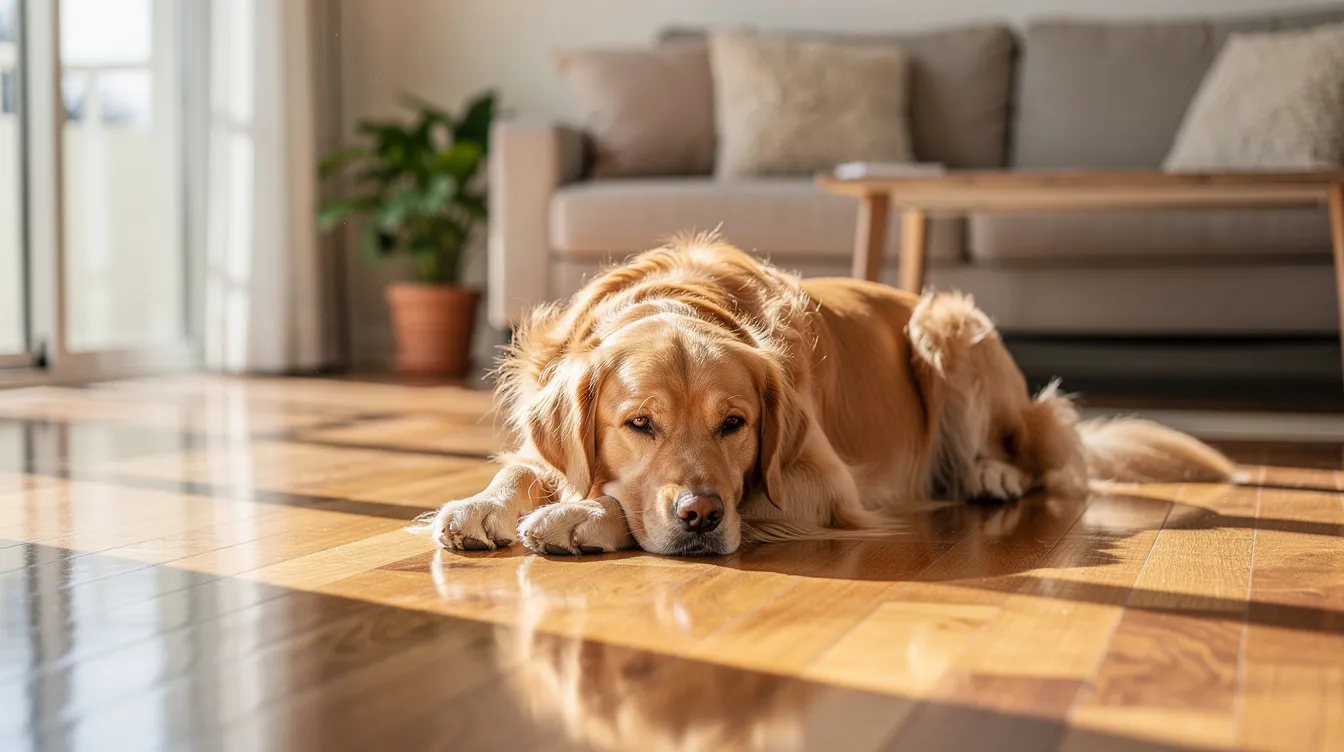 A golden retriever is lounging comfortably on a freshly cleaned hardwood floor in a bright living room, showcasing the results of professional cleaning services. The clean space highlights the attention to detail provided by Kendall Cleaning Service, creating a welcoming environment for both pets and people.